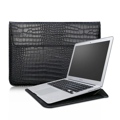 Crocodile Grain Laptop Sleeve – PU Leather Flip Case with Stand