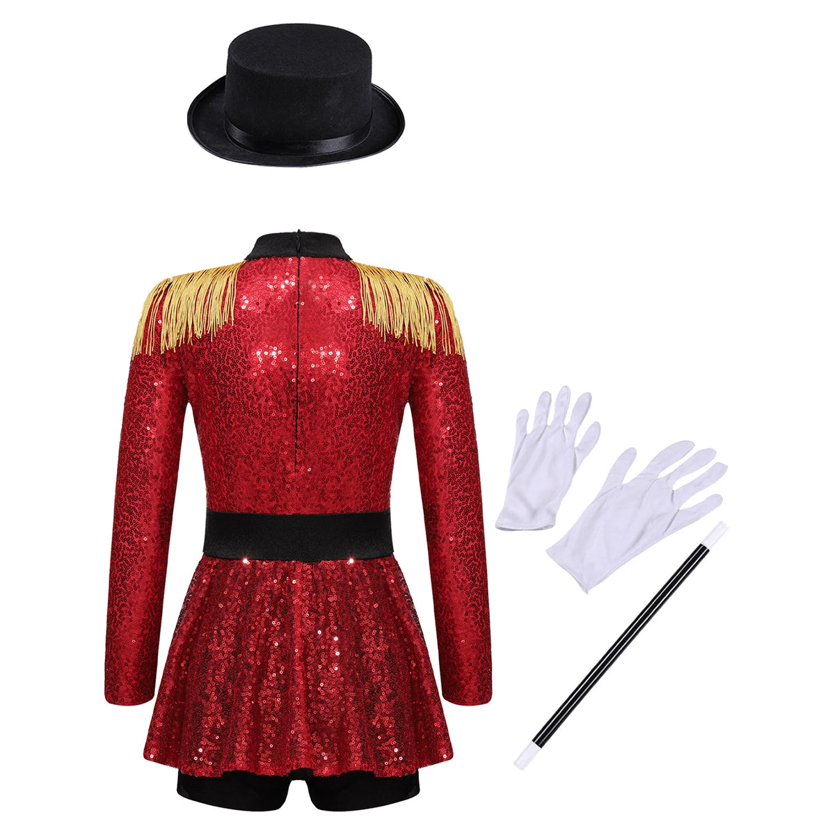Sequins Girls Magician Circus Performance Costume Outfits Kids Halloween Ringmaster Bodysuit Jumpsuit with Hat Gloves Magic Wand