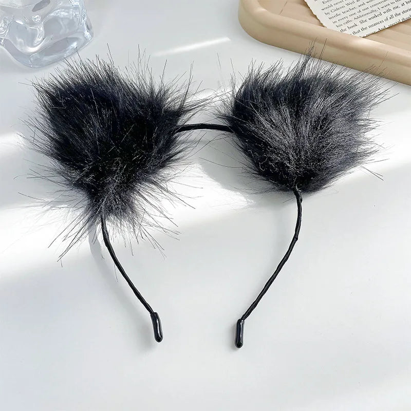 Plush Lace Cat Ears Bell Headband for Women Korean Style Elegant Fashion Girl Hair Band Party Cosplay