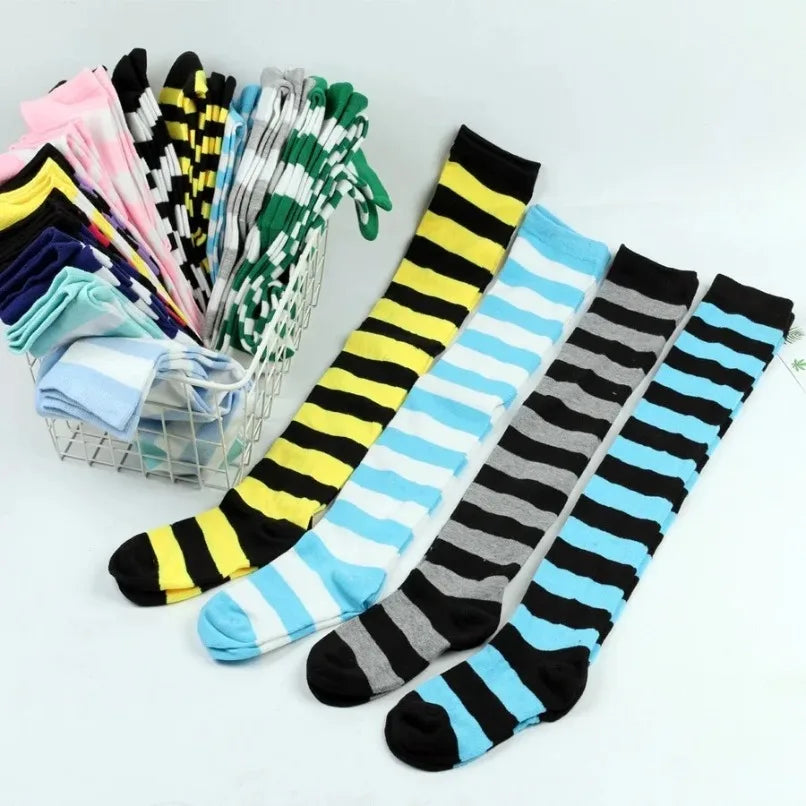 Women’s Striped Thigh High Socks – Black White Pink