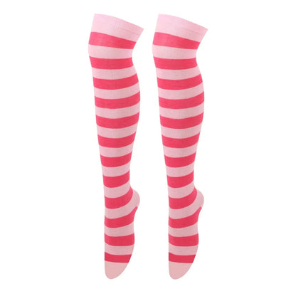 Women’s Striped Thigh High Socks – Black White Pink