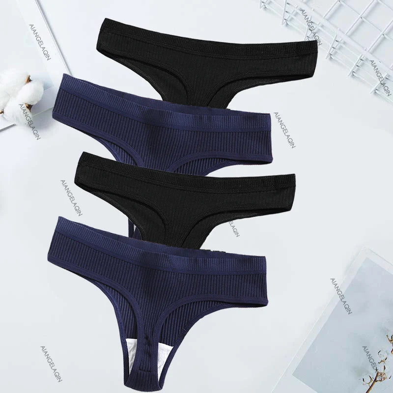 Women’s Cotton Thongs – 4-Piece Striped Underwear Set