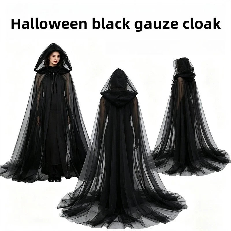 Women Halloween Black Sheer Tulle Cloak Long Hooded Mesh Cape Ghost Witch Vampire Cosplay Costume Carnival Party Fancy Dress