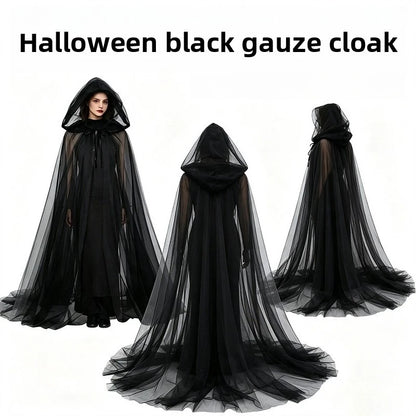 Women Halloween Black Sheer Tulle Cloak Long Hooded Mesh Cape Ghost Witch Vampire Cosplay Costume Carnival Party Fancy Dress