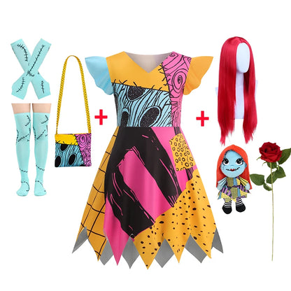 Baby Girls Patchwork Rag Doll Cosplay Dress Kids Fancy Outfit for Halloween Carnival Birthday Theme Party Role Play Dress-Up