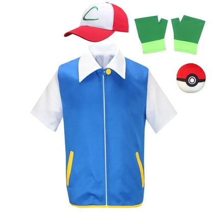 Adult Ash Ketchum Costume for Halloween Men Anime Trainer Cosplay Women Disfraz Party Blue Jacket Cap and Gloves Full Sets