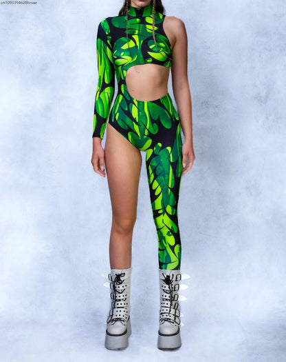 Women Punk Asymmetrical Holiday Bodysuit Costume Colorful Rainbow Jumpsuit Cosplay Halloween Party Performance Tights Suit