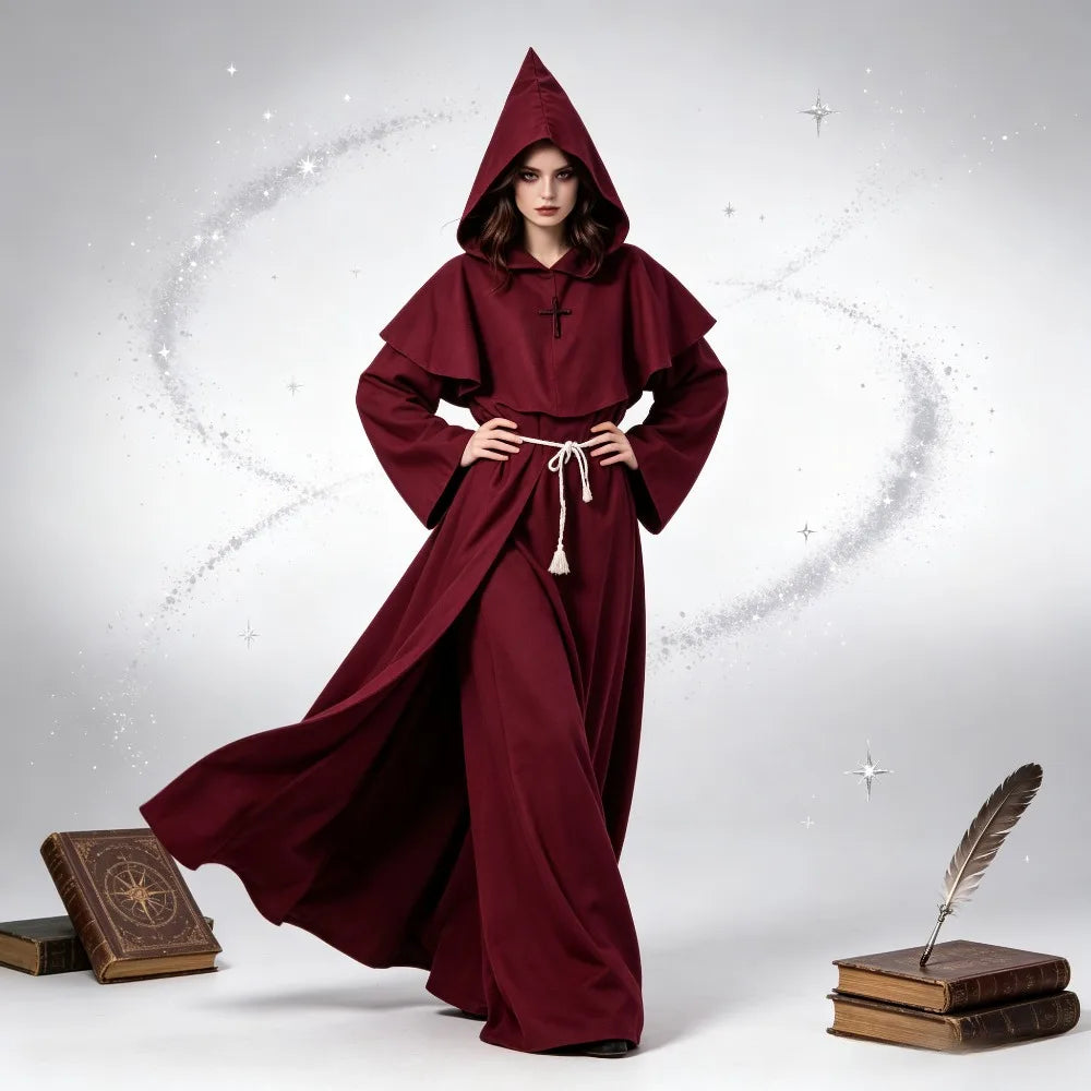 Medieval Hooded Monk Friar Priest Wizard Long Robe Unisex Adult Loose Stage Outfit For Masquerade Theme Party Halloween Cosplay