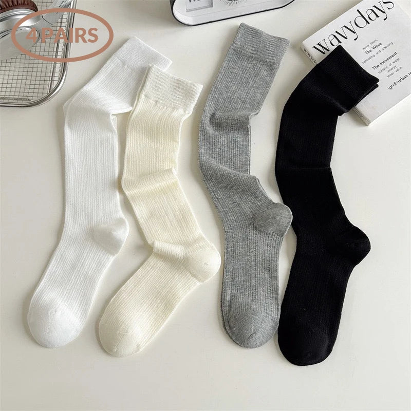 Women Mid-Calf Socks – Cotton Long Socks in Black, White & Gray