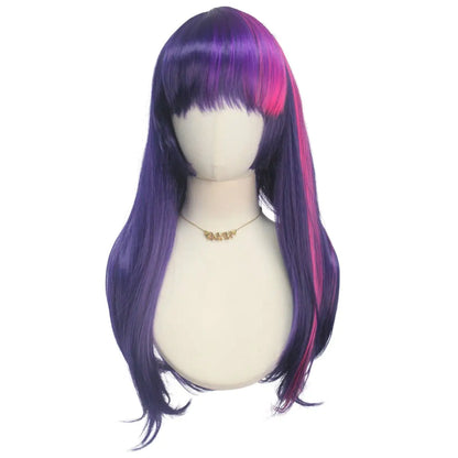 Pink Purple Neat Bangs Long Straight Hair Synthetic Wig Chemical Fiber Twilight Sparkle Role Playing Animated Pony Figure