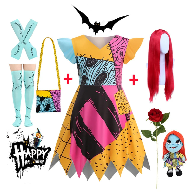 Baby Girls Patchwork Rag Doll Cosplay Dress Kids Fancy Outfit for Halloween Carnival Birthday Theme Party Role Play Dress-Up
