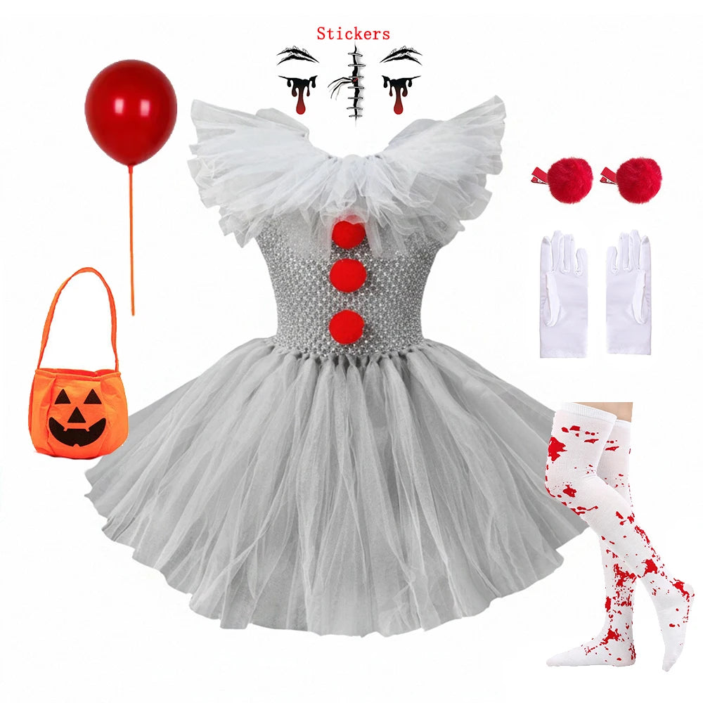 Children Halloween Joker Costumes for Baby Girls Scary Ghost Doll Killer Fancy Tutu Dress for Kids Carnival Party Horror Outfit