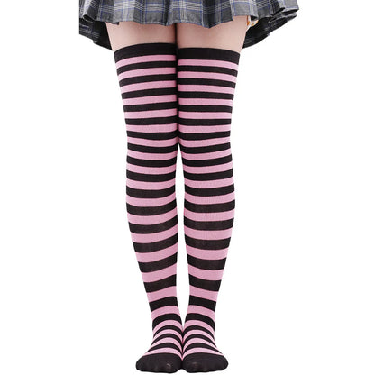 Women’s Striped Thigh High Socks – Black White Pink