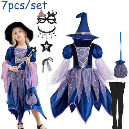 Halloween Party Costumes Witch Dress for Girls Kids Cosplay Carnival Witch Costume Pumpkin Dress Up With Bag Hat Wand Clothing