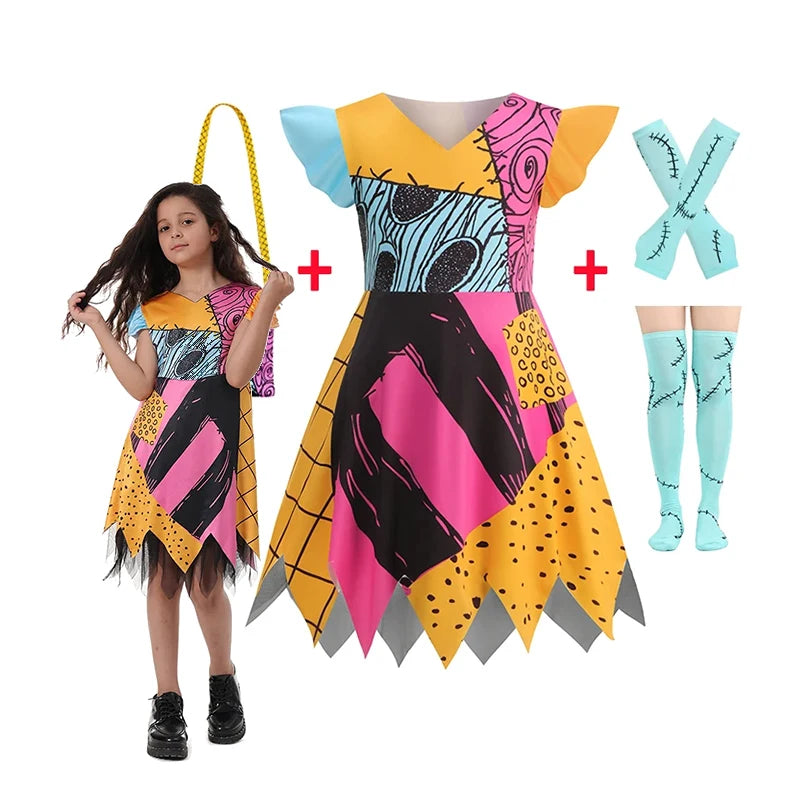 Baby Girls Patchwork Rag Doll Cosplay Dress Kids Fancy Outfit for Halloween Carnival Birthday Theme Party Role Play Dress-Up