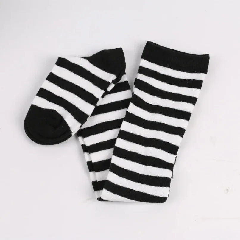 Women’s Striped Thigh High Socks – Black White Pink