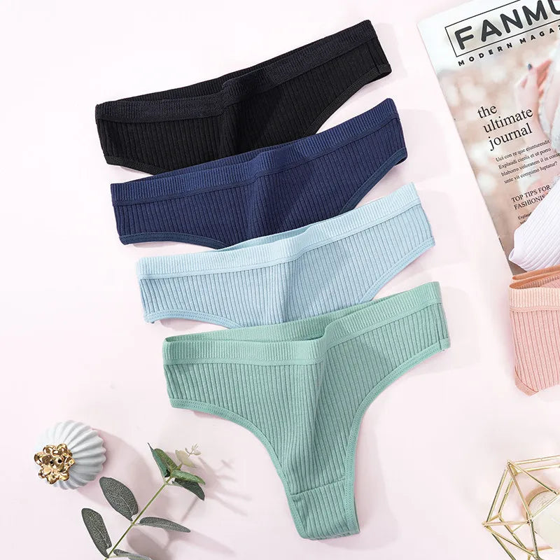 Women’s Cotton Thongs – 4-Piece Striped Underwear Set