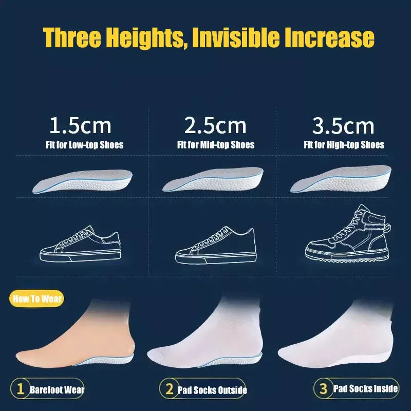 Height Increasing Insoles Memory Foam Arch Support Heel Lift 1.5–3.5cm