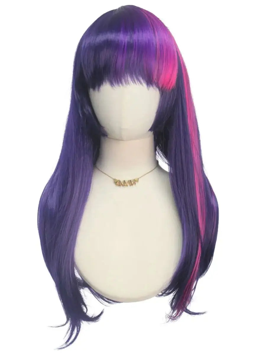 Pink Purple Neat Bangs Long Straight Hair Synthetic Wig Chemical Fiber Twilight Sparkle Role Playing Animated Pony Figure