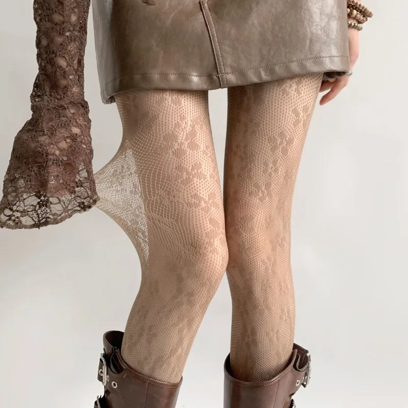 Floral Fishnet Tights for Women – Brown Patterned Pantyhose