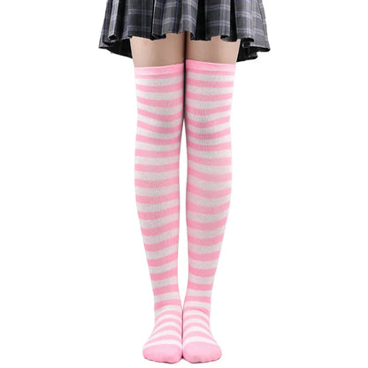 Women’s Striped Thigh High Socks – Black White Pink