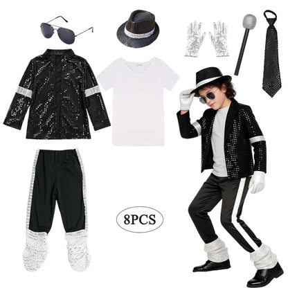 Boys Michael Pop Star Jackson Halloween Cosplay Costume Carnival Stage Performance Clothes Hip Hop Dance Outfit