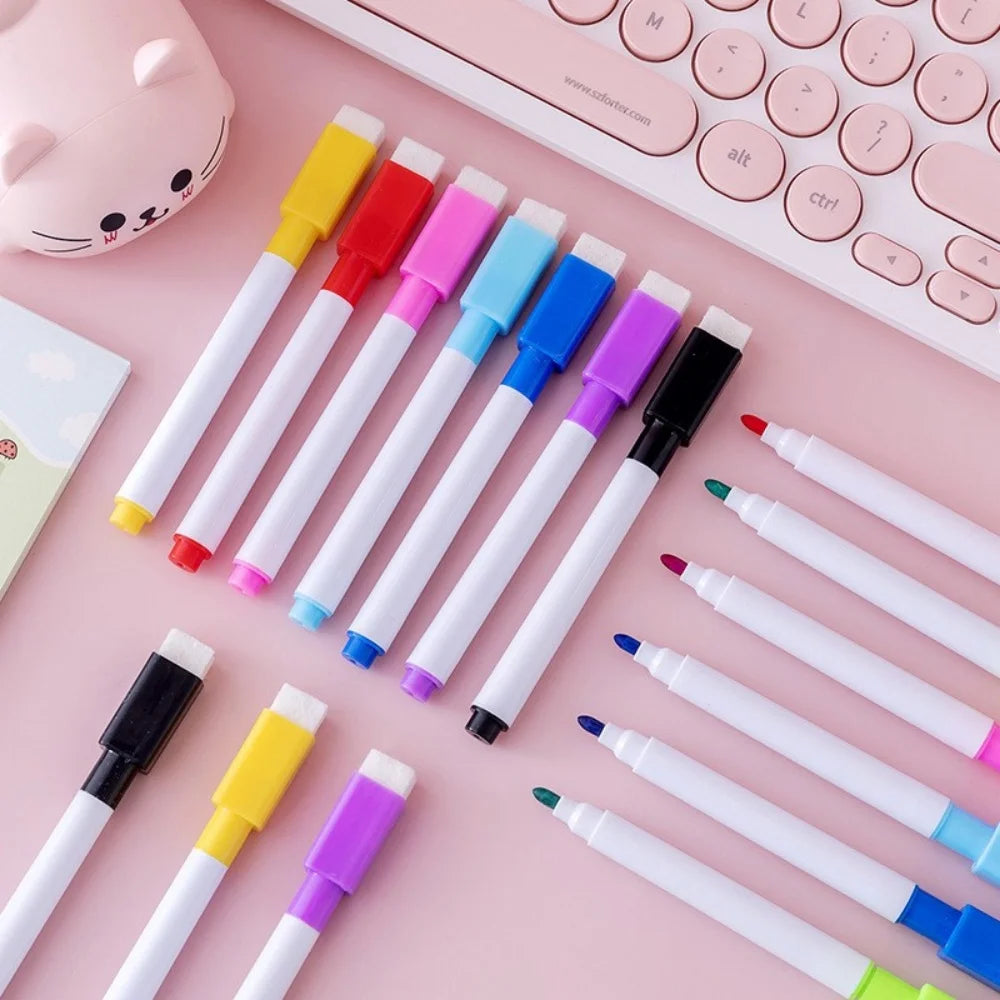 Erasable Whiteboard Markers – 8-Color Set with Eraser