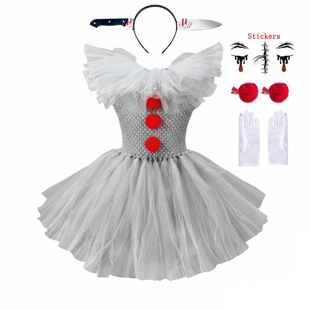 Children Halloween Joker Costumes for Baby Girls Scary Ghost Doll Killer Fancy Tutu Dress for Kids Carnival Party Horror Outfit