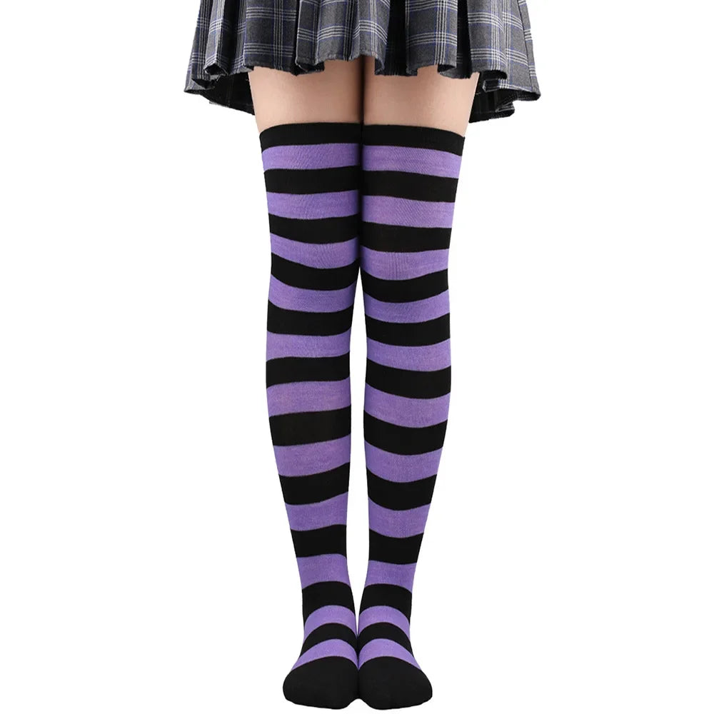 Women’s Striped Thigh High Socks – Black White Pink
