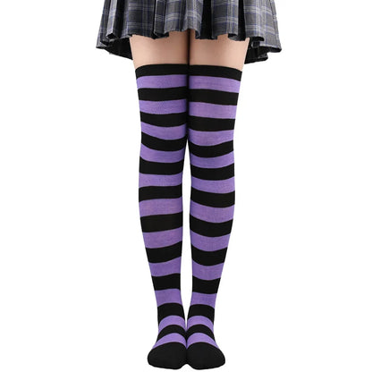 Women’s Striped Thigh High Socks – Black White Pink