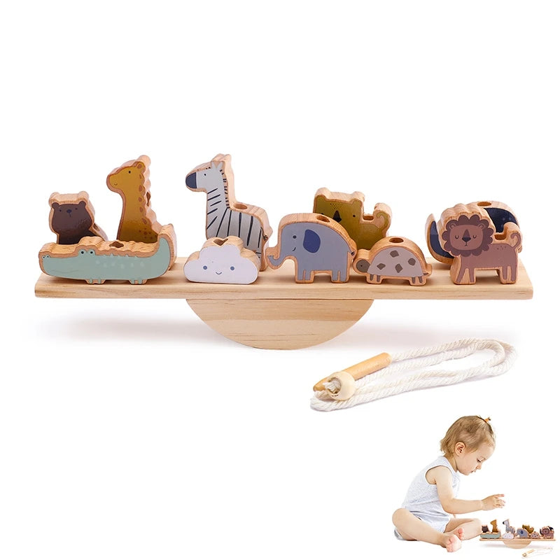 Wooden Montessori Threading Toy with Animal Beads & Balance Board