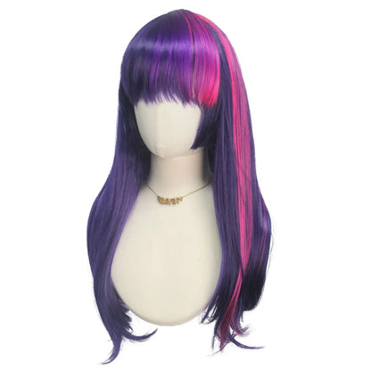 Pink Purple Neat Bangs Long Straight Hair Synthetic Wig Chemical Fiber Twilight Sparkle Role Playing Animated Pony Figure