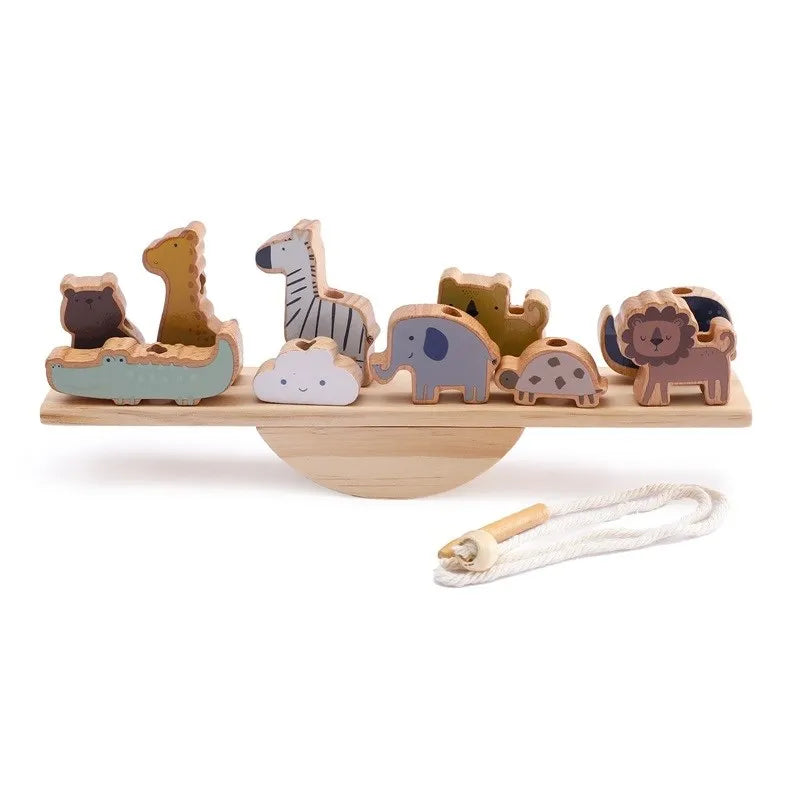 Wooden Montessori Threading Toy with Animal Beads & Balance Board