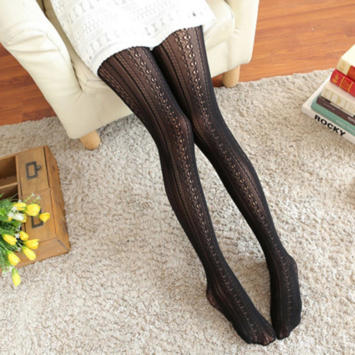 Women’s Lace Tights – White Patterned Fashion Hosiery