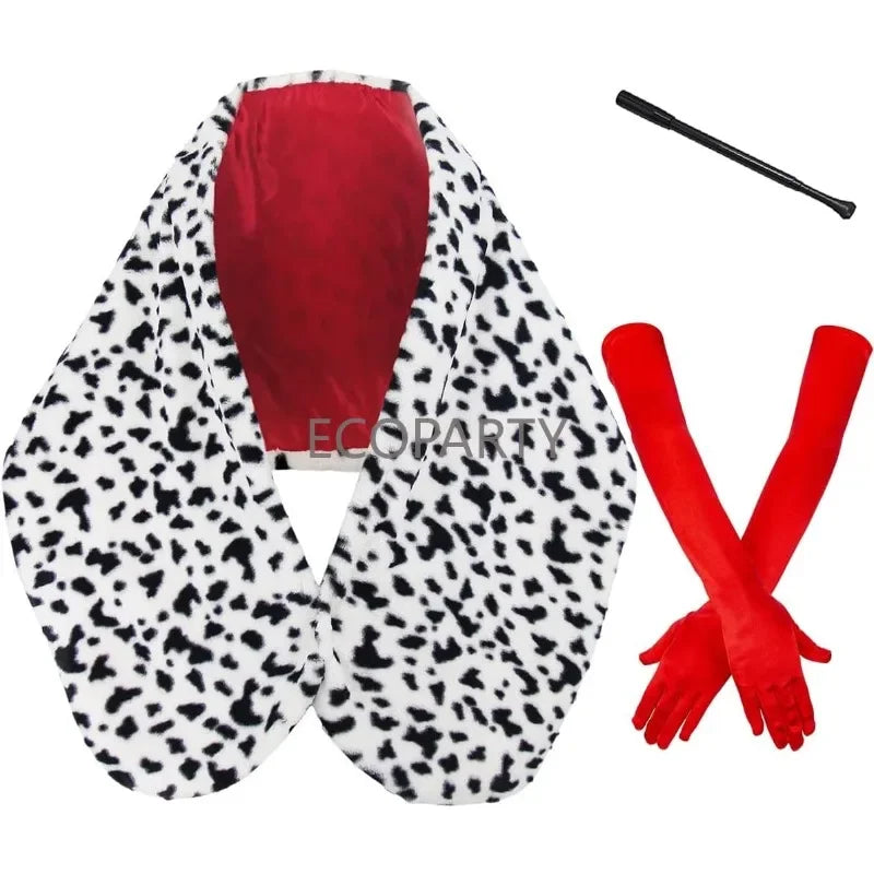 3 Pcs Women Halloween Deville Coat Costume Dalmatian Shawl Scarf Cosplay Accessories Halloween Costume 1920s 1950s Costume Set