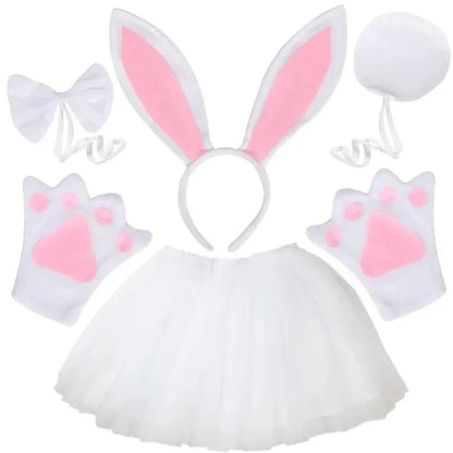 Women Girls Plush Animal Easter Bunny Ear Headband Tail Bow Skirt Birthday Party Baby Shower Halloween Rabbit Cosplay Costume