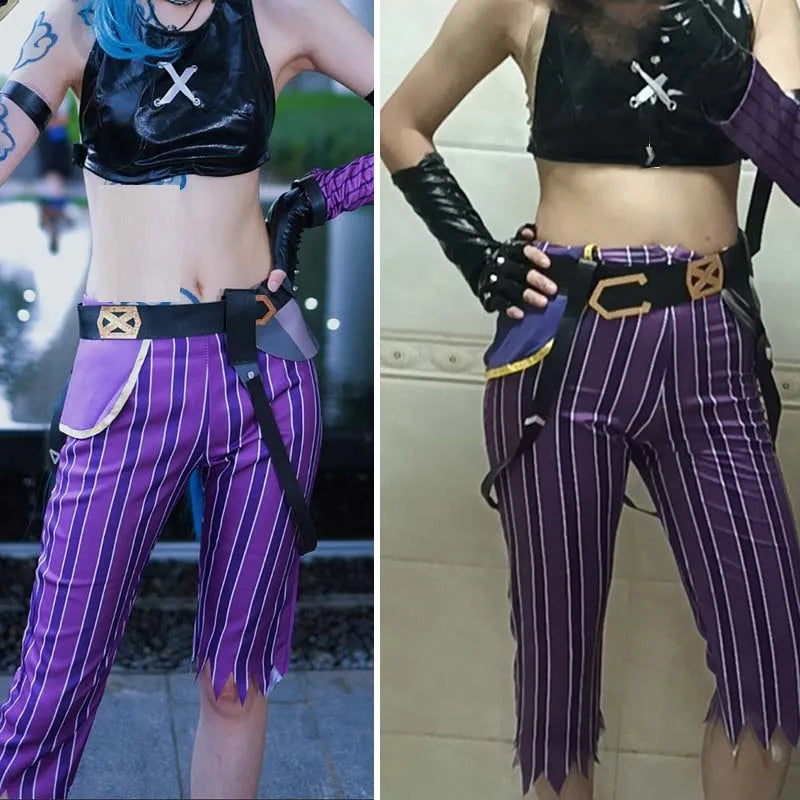 Women Purple Striped Cropped Pants Outfit Set with Gloves Stage Fancy Dress Costume for Halloween Carnival Comic-Con Cosplay