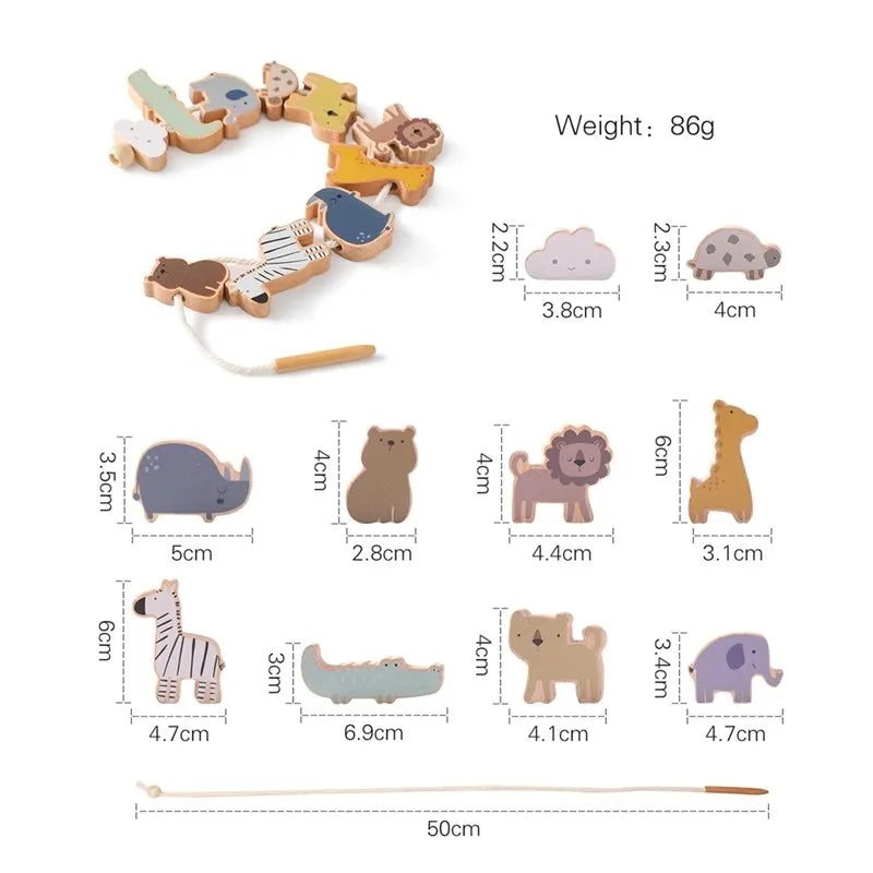 Wooden Montessori Threading Toy with Animal Beads & Balance Board