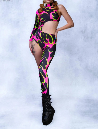 Women Punk Asymmetrical Holiday Bodysuit Costume Colorful Rainbow Jumpsuit Cosplay Halloween Party Performance Tights Suit