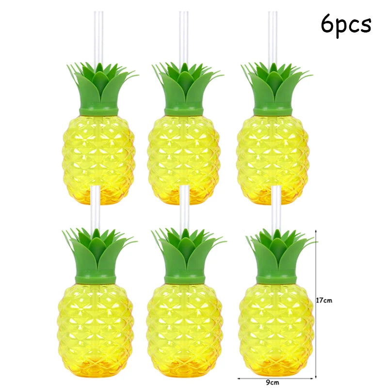 6set Tropical Pineapple Coconut Drinking Cup Juice Cups Straw Summer Luau Flamingo Birthday Beach Pool Party Hawaiian Decoration