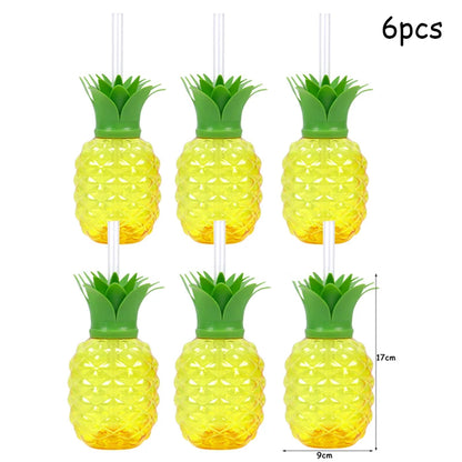 6set Tropical Pineapple Coconut Drinking Cup Juice Cups Straw Summer Luau Flamingo Birthday Beach Pool Party Hawaiian Decoration