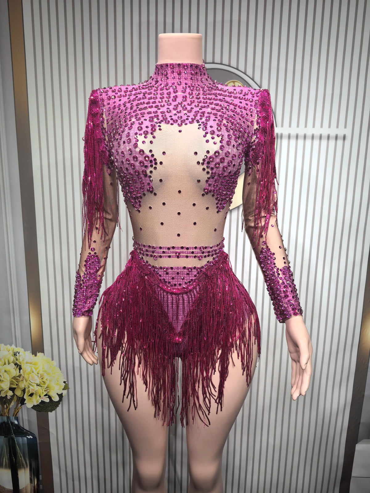 Sexy Skinny Leotard Singer Dancer Show StageWear Sparkly Blue Rhinestones Women DanceCostume Fringes One Shoulder Bodysuit  7G