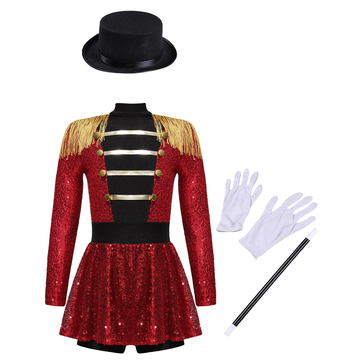 Sequins Girls Magician Circus Performance Costume Outfits Kids Halloween Ringmaster Bodysuit Jumpsuit with Hat Gloves Magic Wand