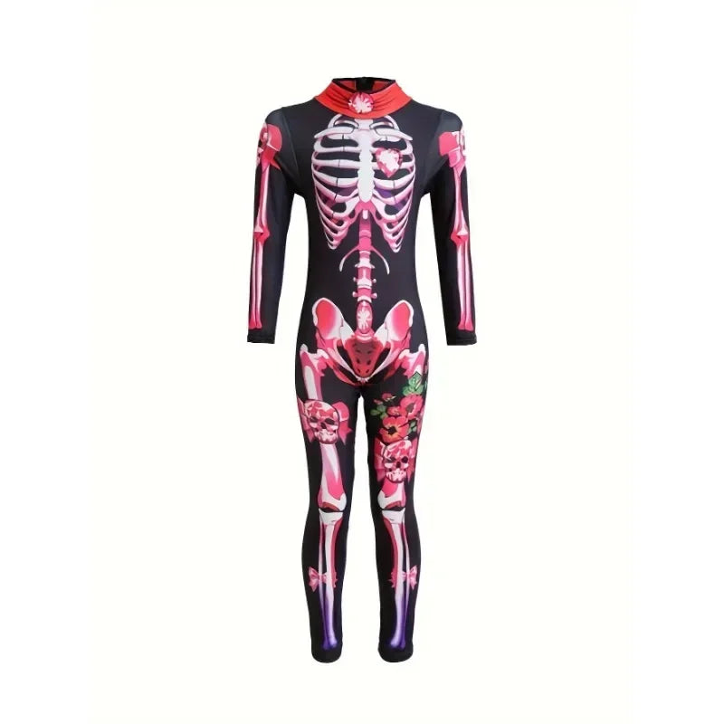 Female Ghost Bride Jumpsuit Printed Skeleton Rose Dressup Costume Horror Theme Party Halloween Girls Trendy Parent-Child Costume