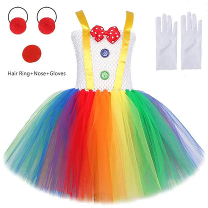 Rainbow Circus Clown Costume for Girls Halloween Fancy Tutu Dress Kids Toddler Birthday Carnival Party Outfit with Red Nose