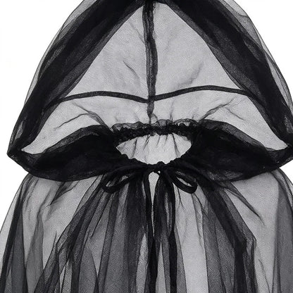Women Halloween Black Sheer Tulle Cloak Long Hooded Mesh Cape Ghost Witch Vampire Cosplay Costume Carnival Party Fancy Dress