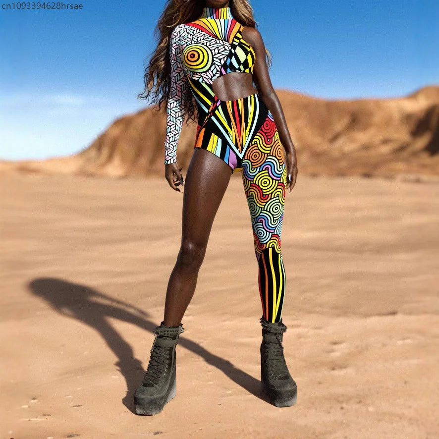 Women Punk Asymmetrical Holiday Bodysuit Costume Colorful Rainbow Jumpsuit Cosplay Halloween Party Performance Tights Suit