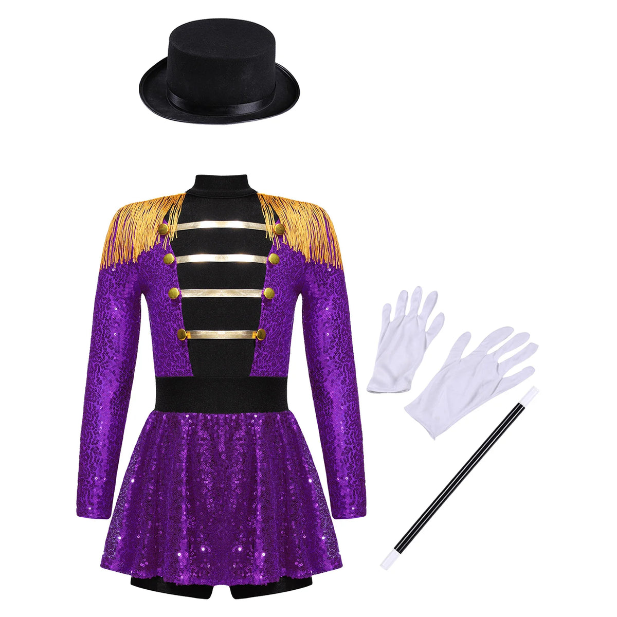 Sequins Girls Magician Circus Performance Costume Outfits Kids Halloween Ringmaster Bodysuit Jumpsuit with Hat Gloves Magic Wand