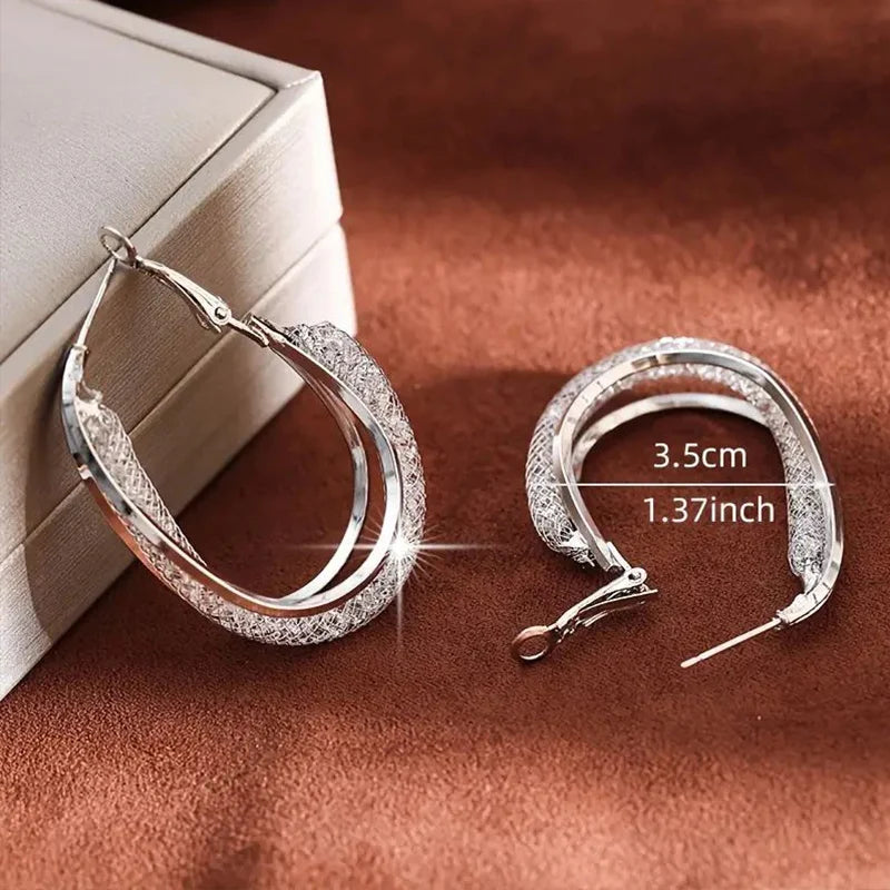 Gold Color Crystal Stone Hoop Earrings Twisted Metal Shape Silver Plating New Fashion Women Earrings Party Jewelry Birthday Gift