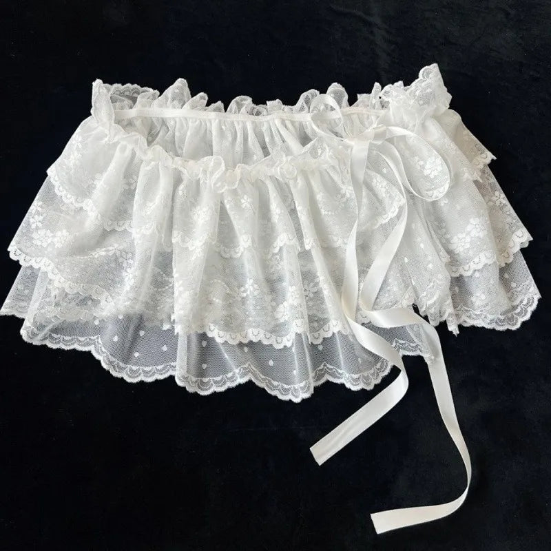 2025 Korean Ins Unique Lace Layered Gauze Skirts Lace Trim A-Line Short Cloth Mini Waist Skirts Harajuku Girl's White Skirts Y2K